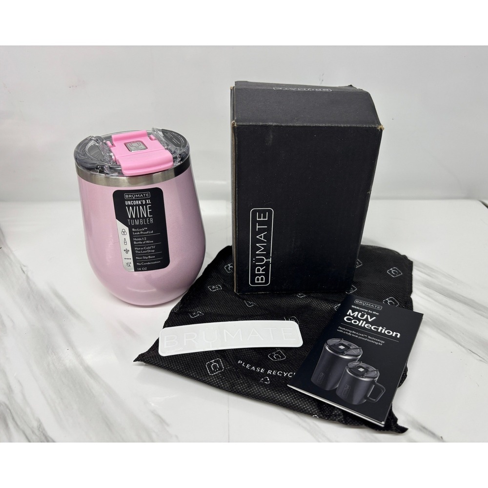 BruMate Uncork'd XL Wine Tumbler 14oz Glitter Pink BevLock Leak Proof Lid NEW